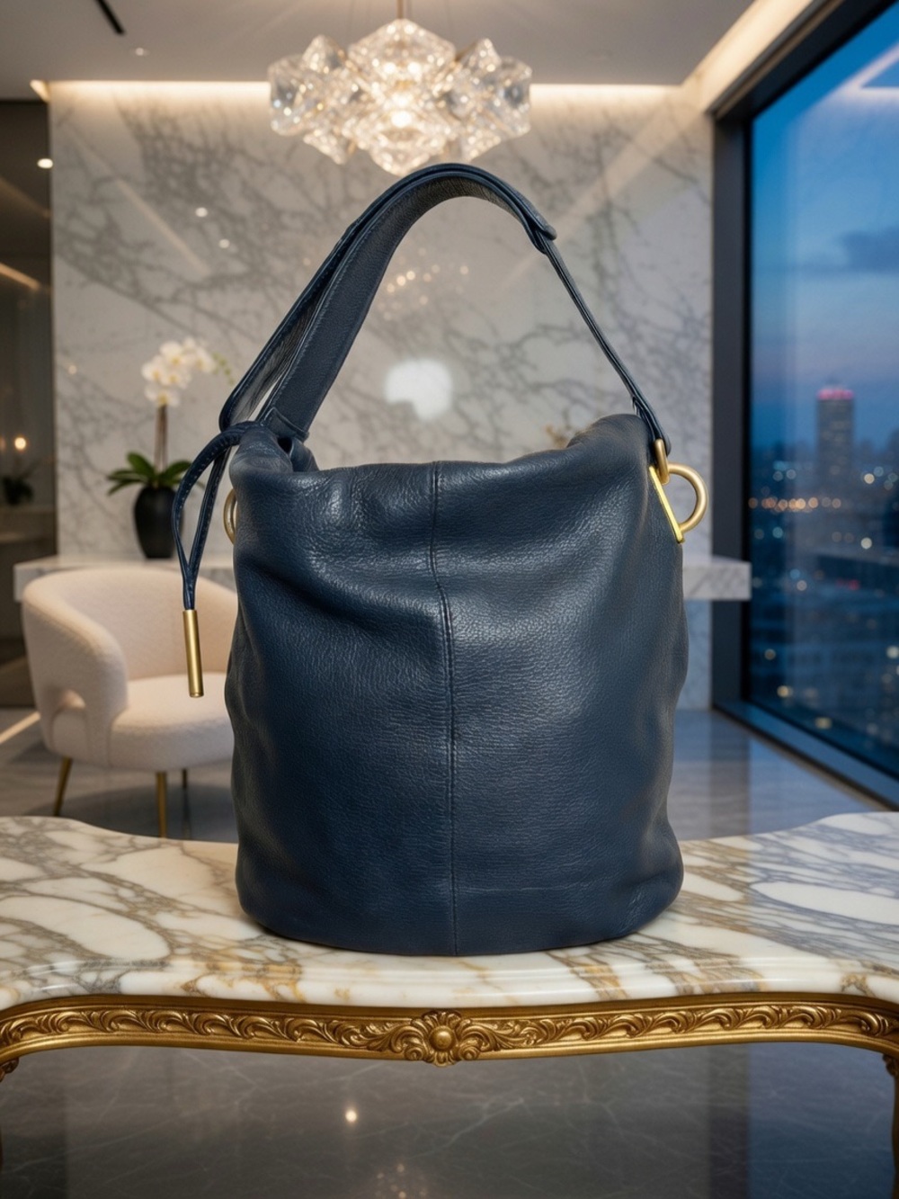 Vintage Americana by Sharif Pebbled Leather
Bucket Bag Hobo Purse in Navy